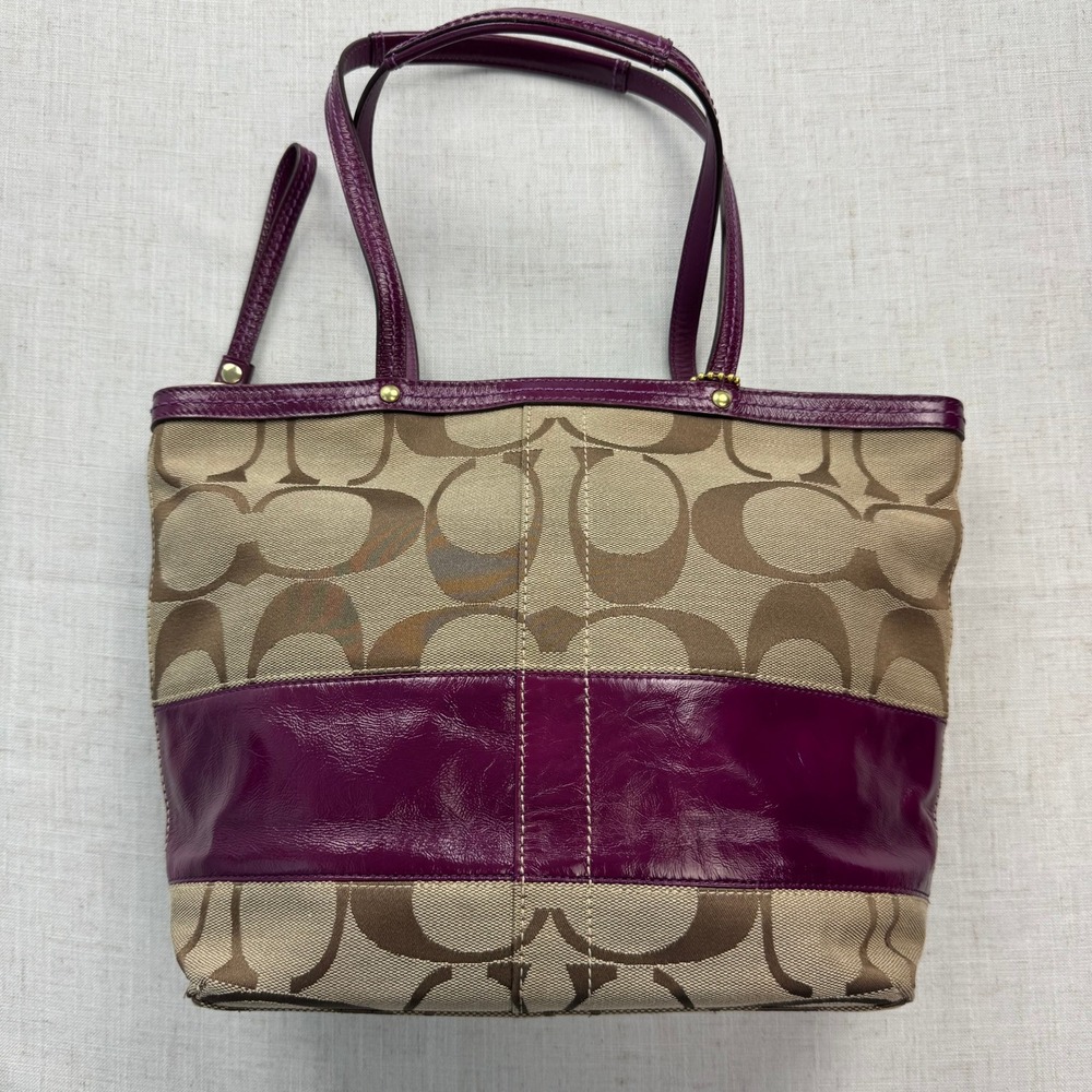 Coach Signature Stripe Tote Women Medium Khaki Purple Patent Leather 12429 Y2K - Picture 8 of 14